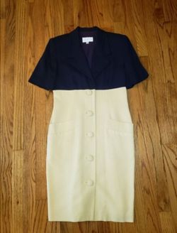 VTG Oberon Linen Button Down Dress in Soft Yellow & Navy Size: 8