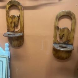 Vintage Wood Unicorn Planters Plant Holder Pair 