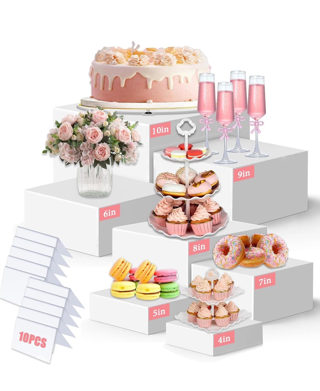 7 PCS White Acrylic Cube Display Buffet Risers, Stackable Nesting Stands, 4, 5, 6, 7, 8, 9 & 10 Inch