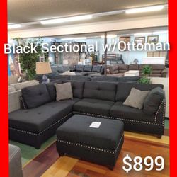 🤓 Black Sectional With Ottoman 