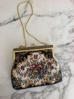 Vintage Floral Tapestry Purse Gold Tone Frame Chain Evening Bag 1950s 1960s