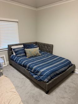 Gray Upholstered Full Bed Frame and Headboard