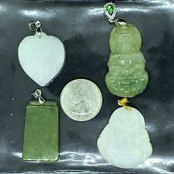Burmese icy Type A Jadeite Jade Pendant Lucky Happy Buddha, Peaceful Kwanyin, Heart And Safety plaque.