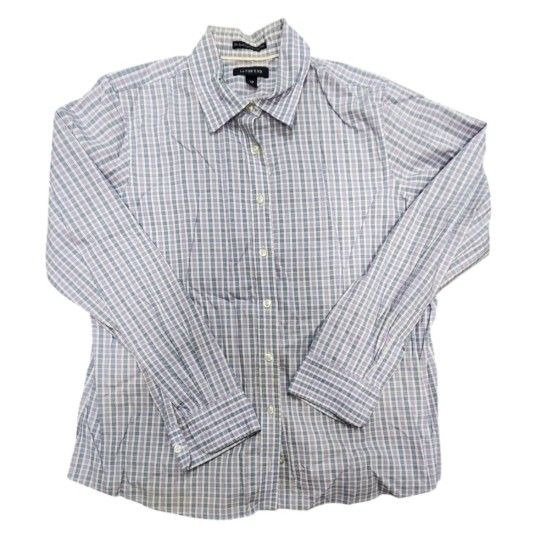Vintage Lands End Size 14P Purple Blue White Plaid Button Down Shirt