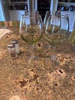 4 Crackle Green Glass Red Wine Goblets