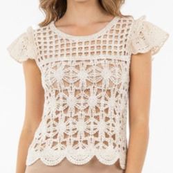 Bishop + Young Ivory 100% Cotton Crochet Eyelet Flutter Sleeve Crop Top XXS