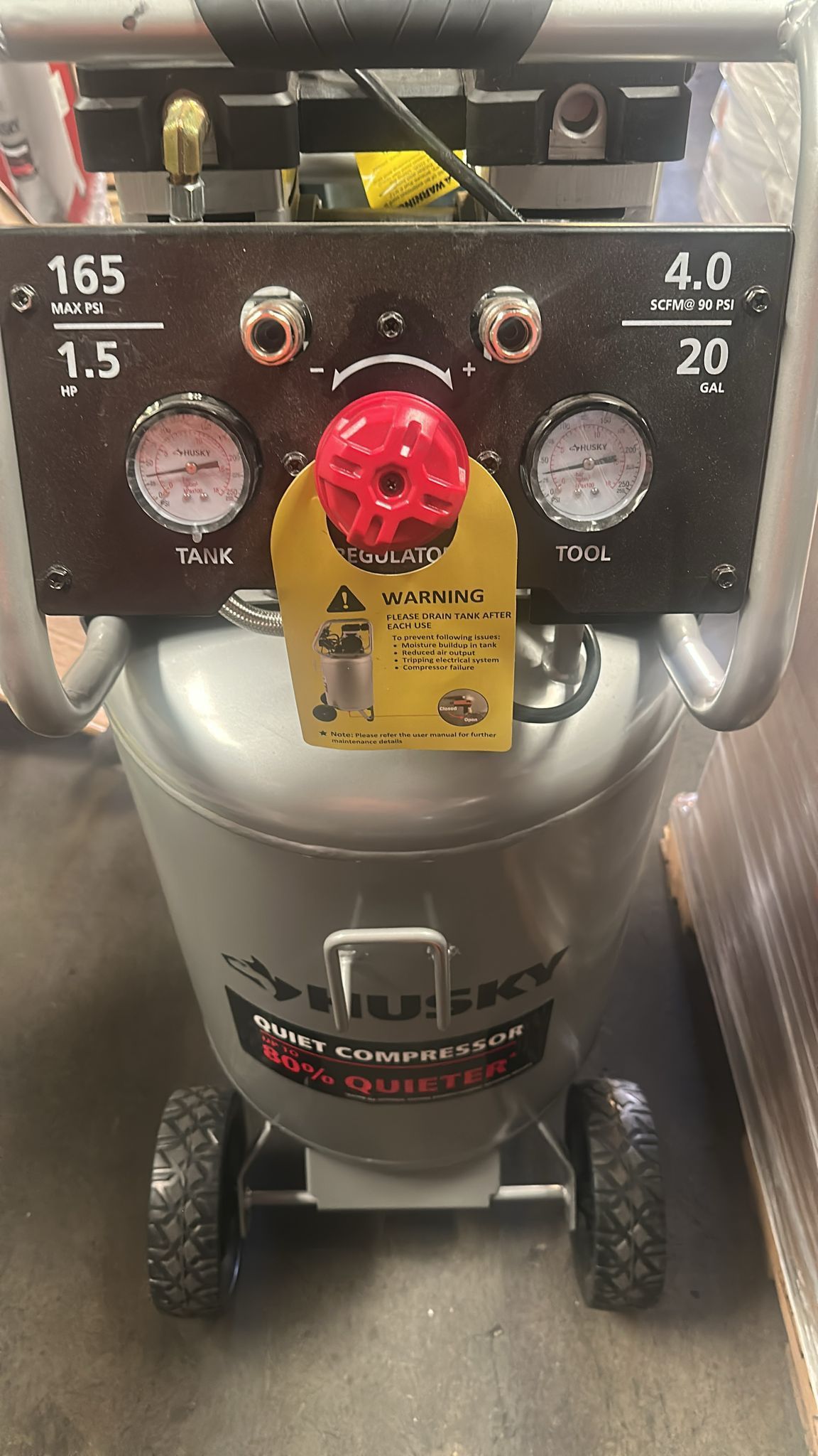 Husky 20 Gal.165 PSI Vertical Electric Oil-Free Quiet Auto/Workshop Air Compressor with Dual Gauges