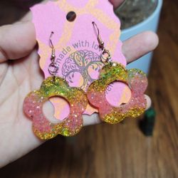 Handmade Resin Pink and Gold Glitter Flower Earrings