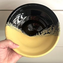 Small Yellow / Black Handmade Glazed Pottery Trinket Dish Bowl Studio Art