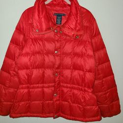Ralph Lauren Women's Red Down Puffer Jacket Size Medium Full Zip Collared