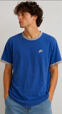 Vintage Y2K Nike Mini Swoosh Embroidered Ringer T-Shirt Blue Gray Men’s Lg Boxy