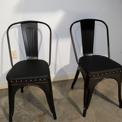 Set Of 2 Black Metal Dining Chairs Studded Faux Leather Seats