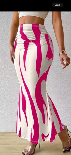Hot pink & white abstract ruched maxi skirt