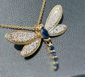 Jewelry 10k Solid Yellow Gold Blue Spinel Natural 0.50CTW Diamond Dragonfly Pendant Charm