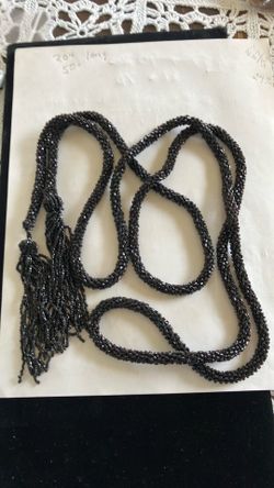 Vtg black seed bead Flapper necklace