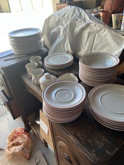 White Ceramic Dinnerware Set with Pink Trim
