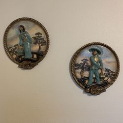 Vintage Mid Century Rare Asian Chalk Ware Wall Plaques 