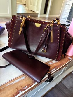 Coach Teri Shoulder Bag with Rivets + Matching Long Wallet - Burgundy