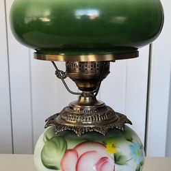 Antique Hand-Painted Hurricane Lamp w/ Brass & Rose Design