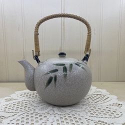 Japan Style Ceramic Tea Pot w/Painted  Bamboo Leaf Design and Bamboo Handle