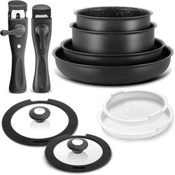 O574 $35 Induction Cookware Set 10 Pieces, Nonstick Pots and Pans Set with Removable Handles, for All Hobs, Stackable Design, Dishwasher/Oven Safe,