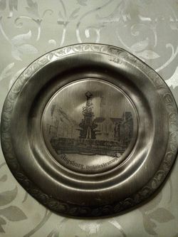 Vintage wall hanging pewter plate decoration/ Augsburg Germany/9.3 inches in diameter