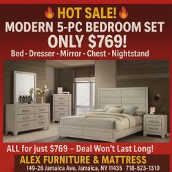🔥 HOT SALE ALERT! 🔥  MODERN 5-PC BEDROOM SET – ONLY $798!  Bed • Dresser • Mirror • Chest • Nightstand 