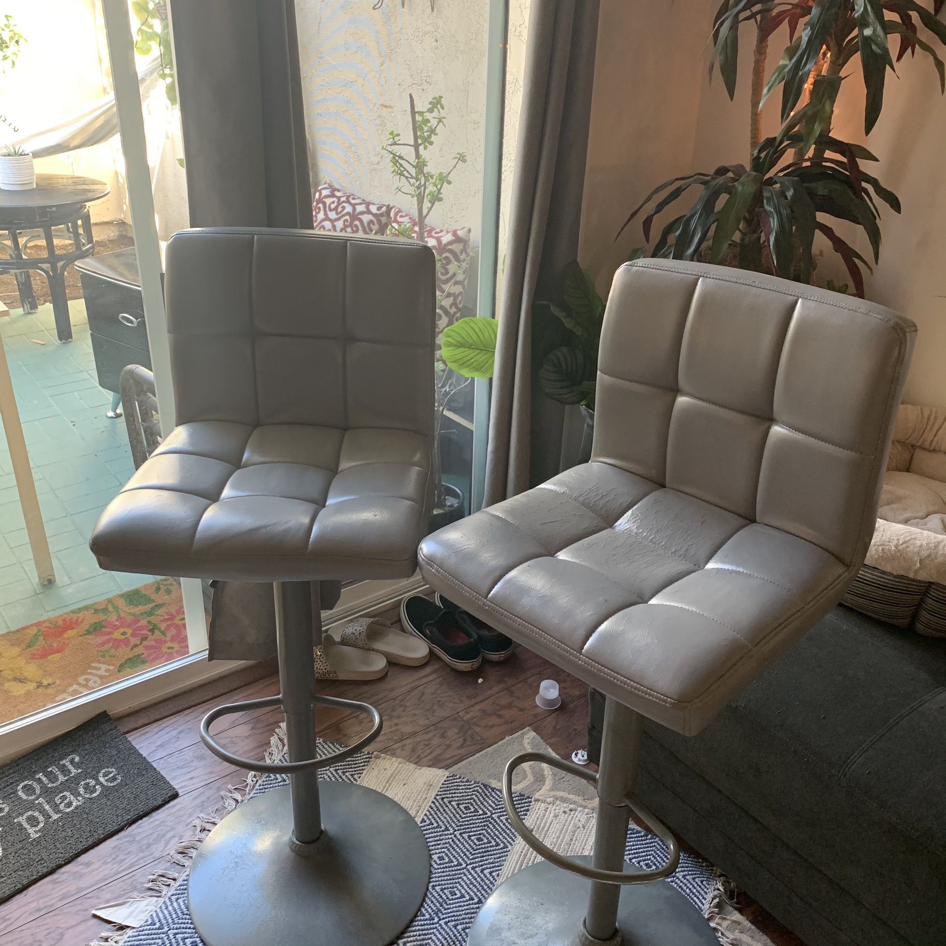 2 Gray Leather Bar Chairs Stools Pair