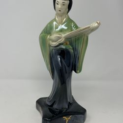 Vintage Japanese Geisha Figurine 12” Playing Biwa Porcelain Statue Hand Painted