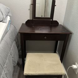 Dark Brown/Espresso Wooden Vanity Desk with Swivel Mirror & Stool