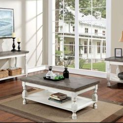 Brand New Rustic Antique White/Gray 4pc Coffee Table Set 