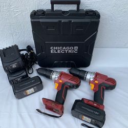 Chicago Electric 18 V Cordless Drills, Batteries, Charger And Case.