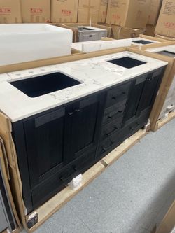 Bathroom vanity cabinet 72” solid mango Quartz top with sinks and backsplash