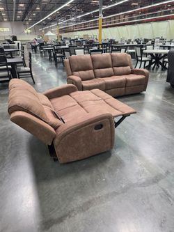 Brown Fabric Reclining Sofa and Loveseat Set