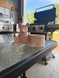 Vintage Royal Haeger Pink Teddy Bear w/ Drum Ceramic Planter. Is dirty & has spider cracks in bottom. A couple chips underneath see pics