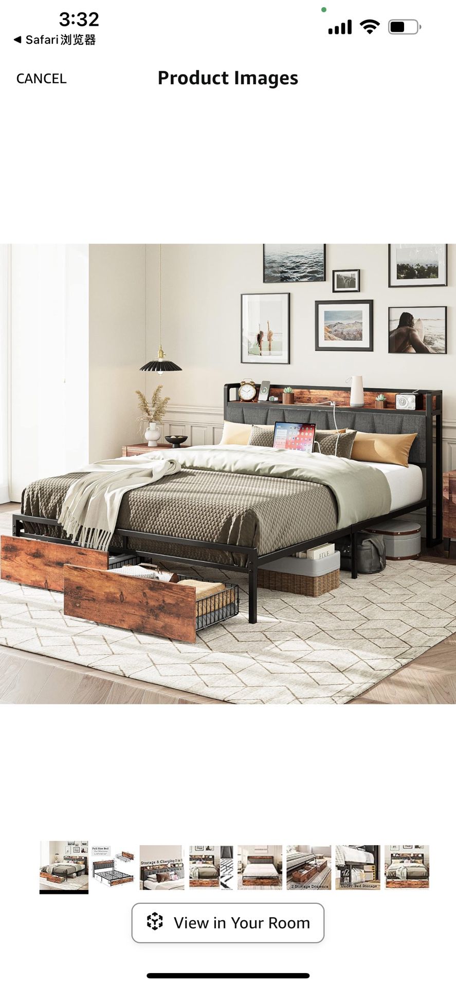 New in box  Full Size Bed Frame, Storage Headboard with Charging Station, Platform Bed with Drawers, No Box Spring Needed, Easy Assembly, Vintage Brow