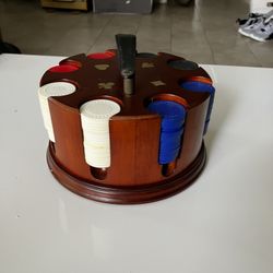 Wood Poker Chip Set Carousel Rotating Caddy w/ Chips