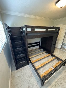 Dark Wood Twin Over Full Bunk Bed with Storage Stairs