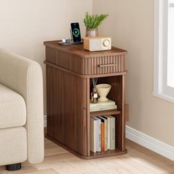 Fluted End Table with Charging Station, Narrow Side Table with Drawers, Wood Skinny Nightstand with Storage, Mid-Century Modern Bedside Tables for Sma