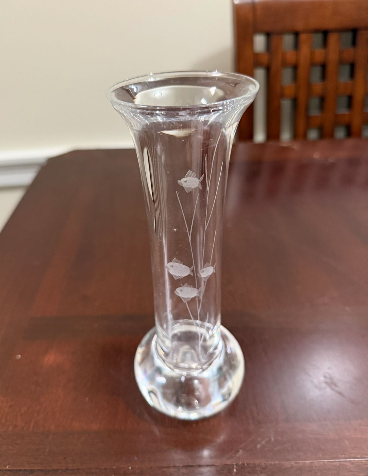 Vintage Kosta Boda Etched Crystal Bud Vase-Fish With Water Plants