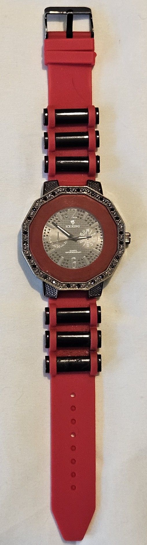 ICE KING Men's Watch 4806 Quartz Big Face Jewel Chips Stainless Steel Red Strap