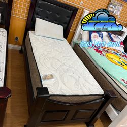 Twin Wooden Bed Frame With Lesly Mattress Cama Colchon Nuevo New 