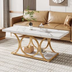 Rectangle Rustic Coffee Table, 47.24-inch, 2-Tier Farmhouse Table with Geometric Metal Legs & Storage Shelf (White & Gold)
