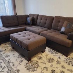 Brand New Brown Linen Sectional Sofa Couch With Ottoman 