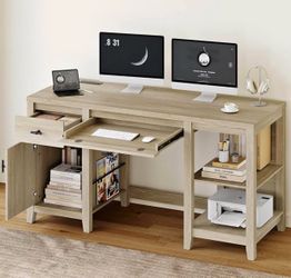 58” Computer Desk with Storage, Drawer & Charging Station – Home Office Desk