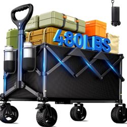 Collapsible Wagon Cart with Universal Wheels, 480LBS Heavy Duty Utility Beach Camp Fishing 
