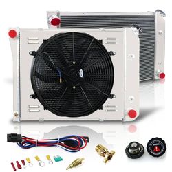 3 Row Core Aluminum Radiator + 16" Fan w/Shroud + Thermostat Compatible with 1 Chevy Bel Air Camaro Caprice Chevelle Nova Impala & Buick Skyla