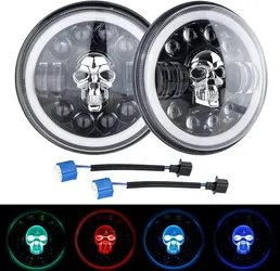 Headlights  Pair 7" Skull Halo LED DRL Hi/Lo For 2097-2017 Jeep Wrangler JK/TJ/LJ/CJ Harley