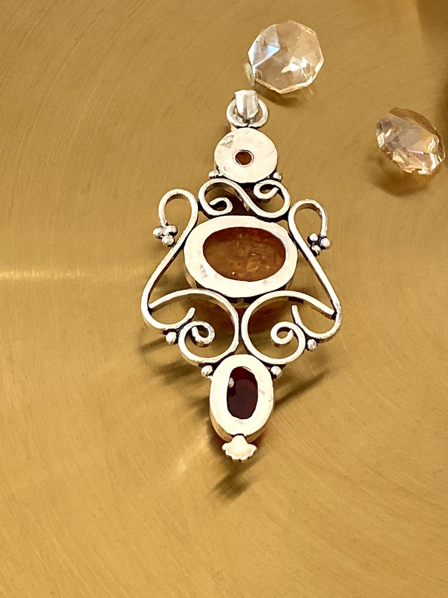 Baltic Amber And Garnet 925 Sterling Silver Overlay Handcrafted Pendant