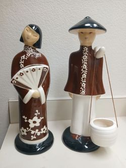 Vintage Hedi Schoop Ceramic Asian Figurine Set Hollywood  California 11" and 12" *20.00 Firm* Repair on Woman